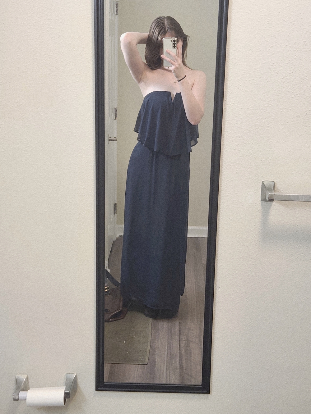 Strapless Navy Ruffle Maxi Dress